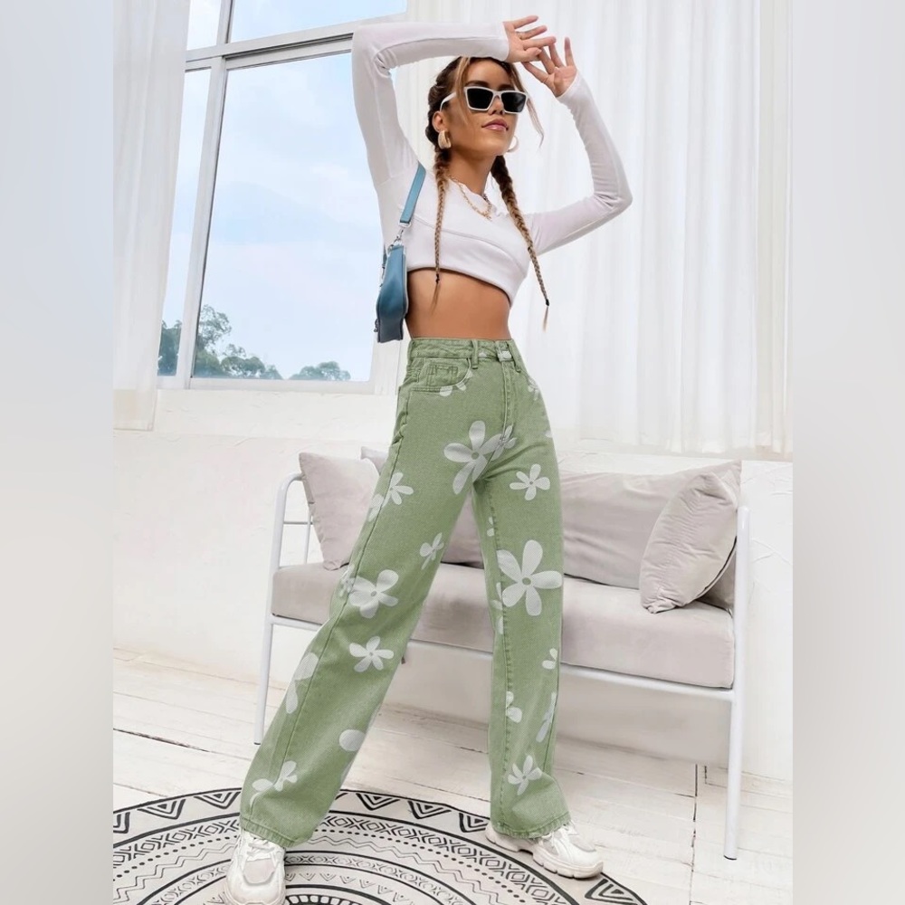 Floral green straight jeans